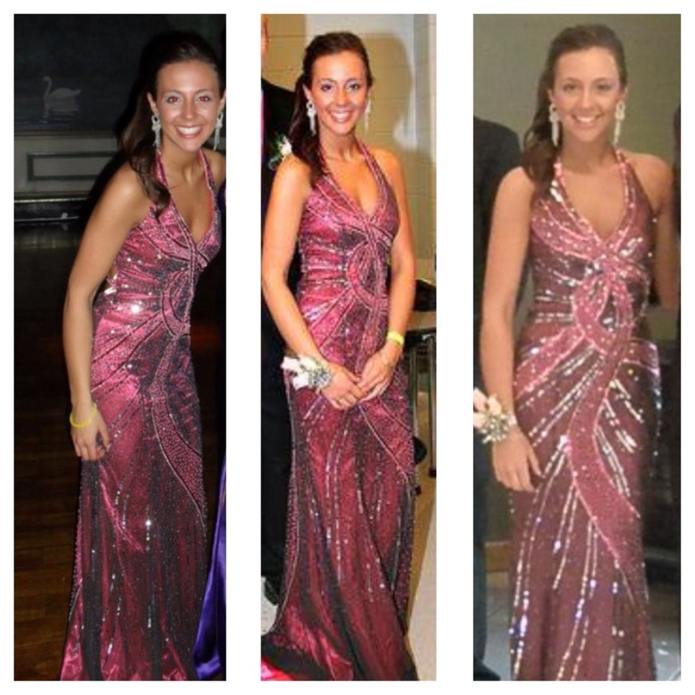PINK & SILVER SEQUIN LOW BACK FORMAL DRESS